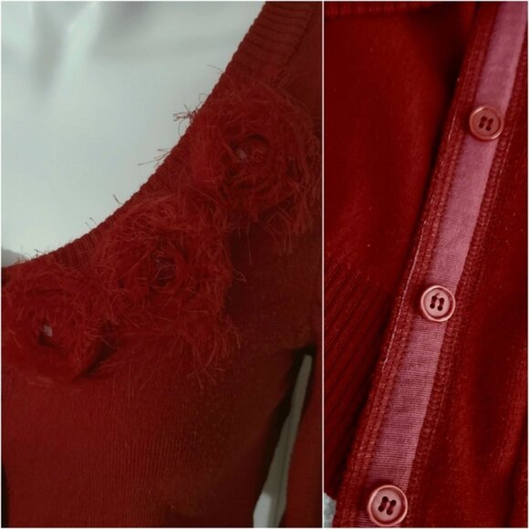 Super Chic Vintage 90s Knit Red Cardigan With Pockets/Flower Broach - Picture 15 of 15